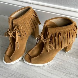 Brown Tan Fringe Ankle Boots with White Sole - BCBGMAXAZRIA